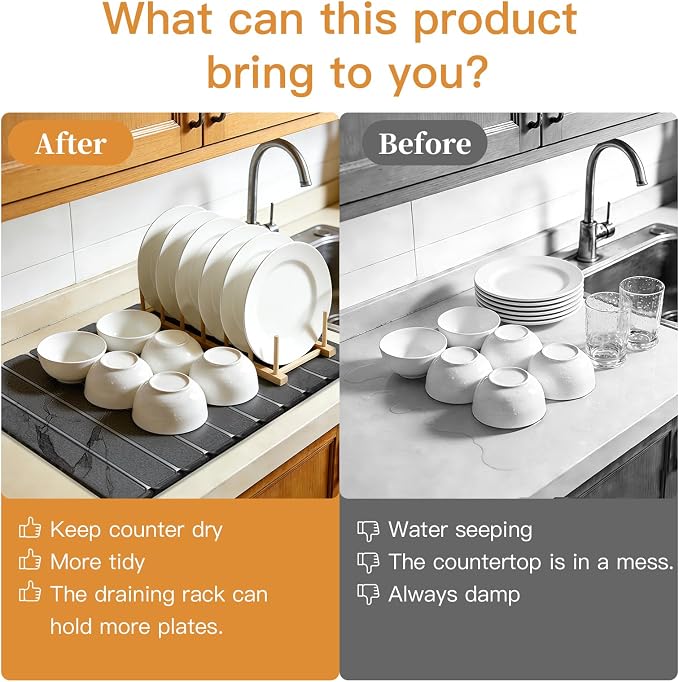 Stone Dish Drying Mat for Kitchen - Diatomaceous Earth Drying Mats | Grey Color, Quick Dry Counter Mats, Foldable Design, Super Absorbent, (24"×16"/ 8"x4" / 1 Drain Rack) , for Dishes Cups