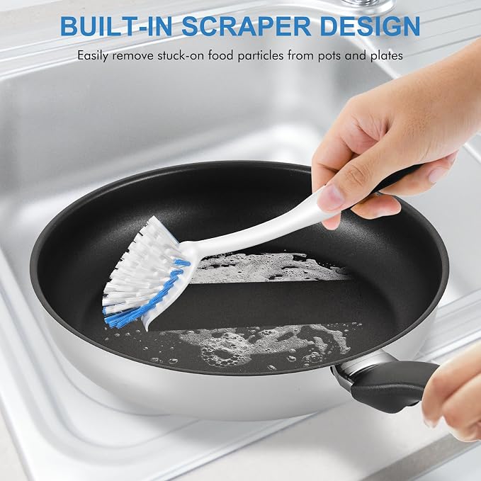 SetSail Dish Brush with Handle, 3 Pack Stiff Bristles Dish Scrubber with Built-in Scraper Dish Scrub Brushes for Cleaning Dishes, Pots and Pans, Kitchen Sink, 3 Pack, Black Blue