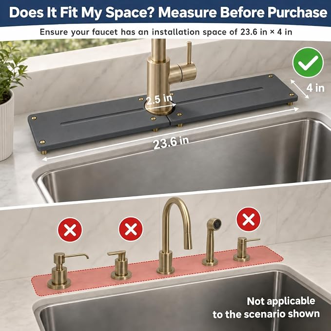 2PCS Stone Faucet Mat for Kitchen Sink, Water Absorbing Sink Tray Organizer for Bathroom Counter, Diatomite Soap Dish Coaster Caddy Riser, Sponge Holder Dispenser Mat, Dark Gray, 23.6" x 4", 1 Set