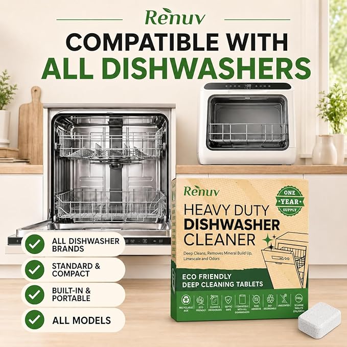 Renuv® Dishwasher Cleaner + Washing Machine Cleaner Bundle | Heavy Duty Appliance Deep Cleaning, Descaling, Deodorizing