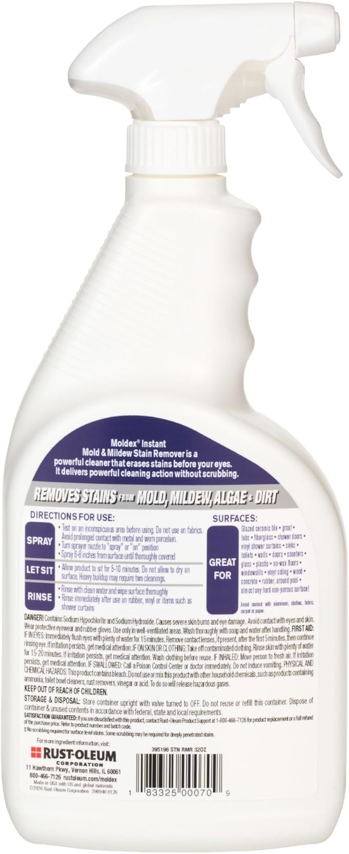 Moldex® Mold & Mildew Surface Stain Cleaner with Bleach, 32 oz – Fast Acting Spray for Tile, Grout, Siding and Outdoor Surfaces