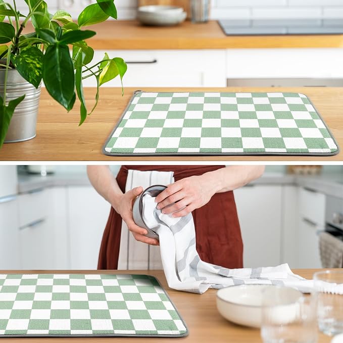 Zonon Green Checkered Dish Drying Mat for Kitchen Counter 16" x 24" Microfiber Absorbent Dish Drainer Rack Pads Fast Dry Mat Vintage Kitchen Decorations