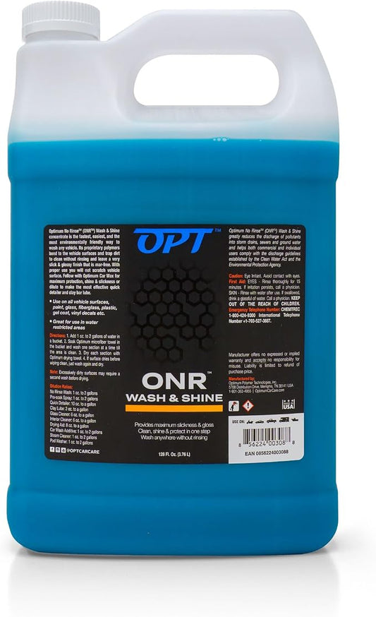 Optimum No Rinse Wash and Shine Version 5 - ONR Rinseless Car Wash Soap for Auto Detailing, Use On Paint, Ceramic Coatings, Glass, Interior (1 Gallon)