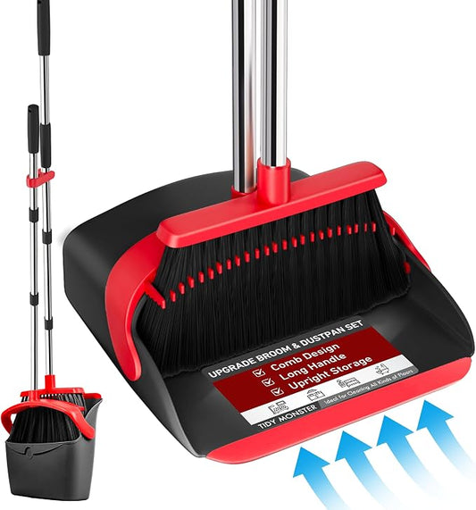 Broom with Dustpan Combo Set, Dust Pans with Long Handle for Upright Sweeping, Standing Broom and Dustpan Set with Self-Cleaning Teeth for Home, Kitchen & Office Floors(Red & Black)
