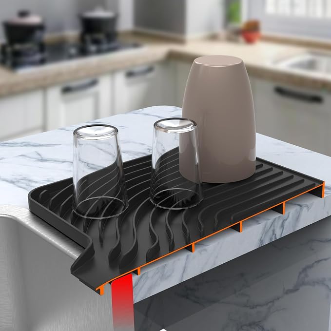Silicone Dish Drying Mat for Kitchen Counter , Dish Drying Rack Matt with Built in Drain, 18 Inch dish Dry Mats for Kitchen Counter,Bumps up sinks Applicable (18×12inch Extra Raised, black)