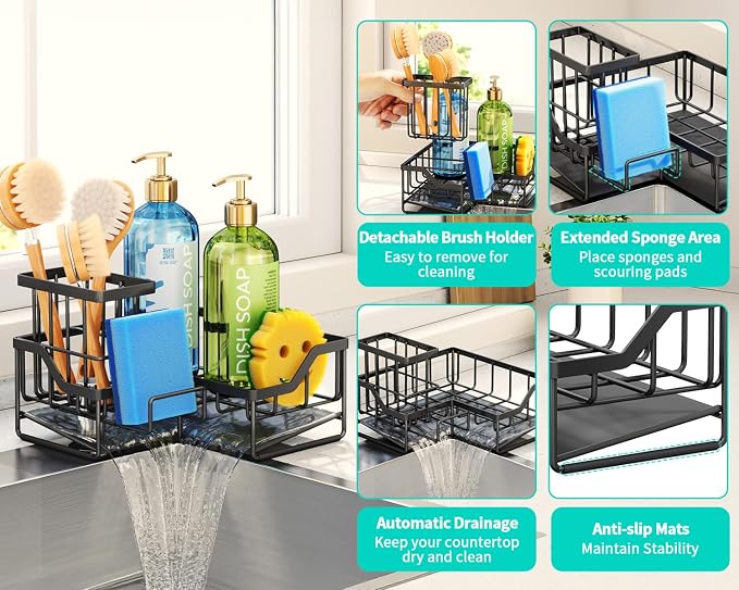 HapiRm Sponge Holder for Kitchen Sink - Rustproof L-Shaped Sink Caddy | Stainless Steel Kitchen Organizer for Sink Corner, Self-Draining 3-in-1 Dish Brush and Sponge Storage, Space-Saving - Black