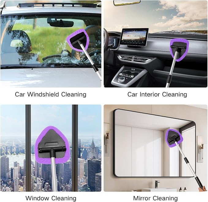 Qydipclin 11pcs Windshield Cleaner Tool, Car Window Cleaning Wash Kit with 6 Reusable Microfiber Pads 2 Spray Bottles and Extendable Handles Auto Glass Wiper Kit, Purple