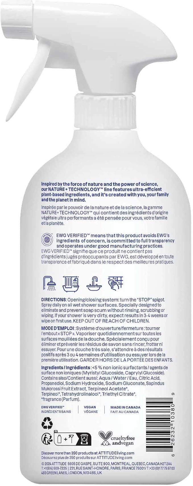 ATTITUDE Shower & Tile Cleaner Spray, EWG Verified, Bathroom Cleaner Removes Soap Scum & Grime, Plant-Based & Vegan, Citrus Zest Scent, 27.1 Fl Oz