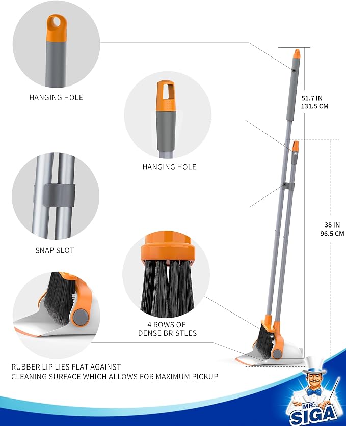 MR.SIGA Broom and Dustpan Set with Adjustable Long Handle, White & Orange | Stand upright broom with dustpan combo for home, office and garage easy sweeping and storage. 51.7"(131 cm) broom handle