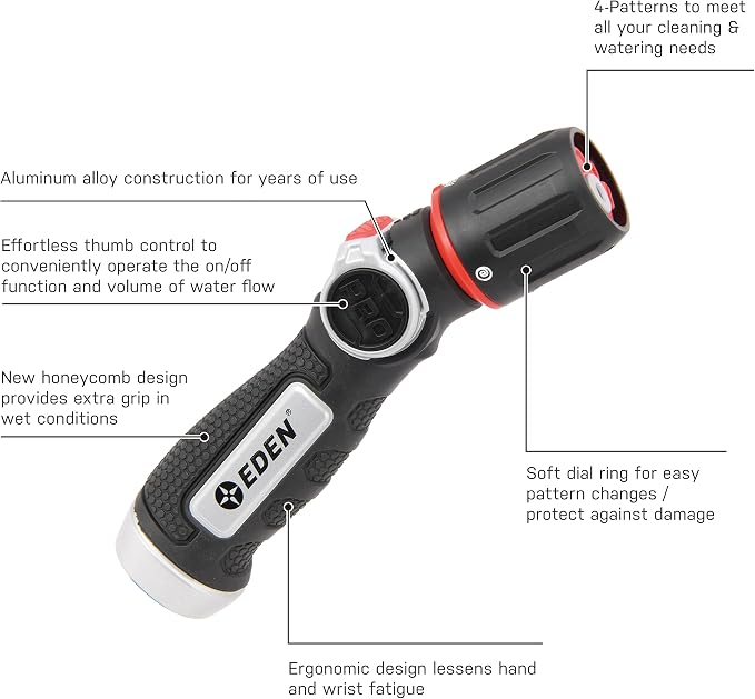 Eden PRO 96845 Metal Thumb-Control Straight 4-Pattern Turbo Nozzle | Heavy-Duty Hose Sprayer for Garden, Lawn, Plants, Outdoor Cleaning, Durable Aluminum Core, Quick Connect Set Bundle
