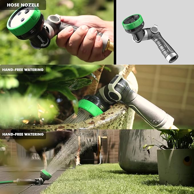 RESTMO Heavy Duty Garden Hose Nozzle, Multi-Angle Hose Spray Nozzle | 4 Adjustable Spray Patterns, Garden Hose Sprayer with Twist Switch, Thumb Flow Control, Ideal for Outdoor Lawn & Yard, Green