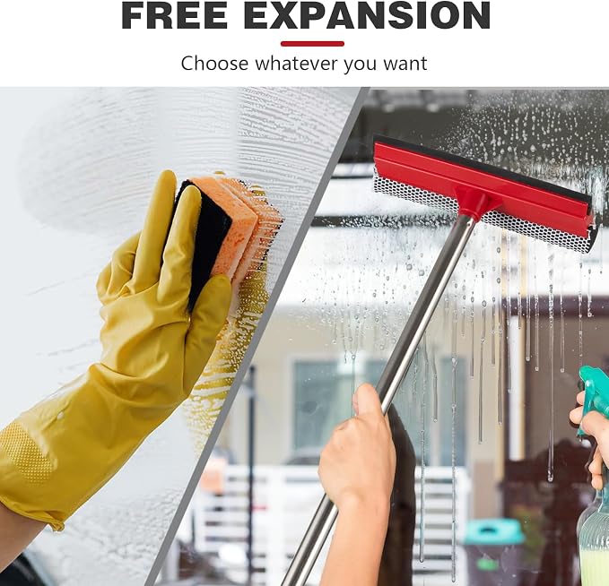 2-in-1 Window Squeegee with 30"-59" Stainless Steel Adjustable Handle - Glass Cleaner for Shower Doors, Car Windshield & High Outdoor Windows (Red)
