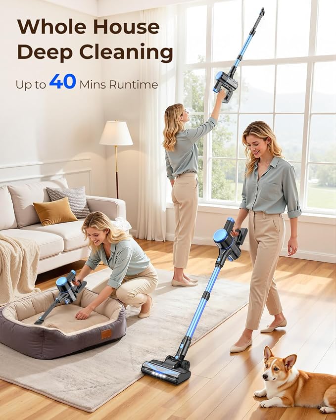 UML0 N8 Cordless Vacuum Cleaner,Lightweight Stick Vacuum with Powerful Suction,2200mAh Battery,40 Mins Runtime,Self-Standing, Rechargeable Vacuum Cleaners for Home Hardwood Floor Carpet Pet Hair