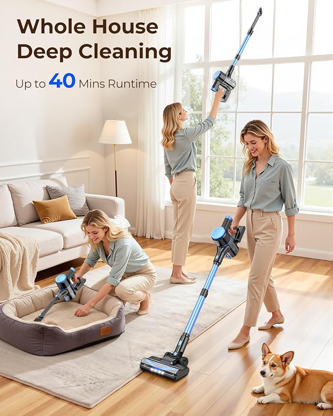 UML0 N8 Cordless Vacuum Cleaner,Lightweight Stick Vacuum with Powerful Suction,2200mAh Battery, 40 Mins Runtime,Self-Standing,Rechargeable Vacuum Cleaners for Home Hardwood Floor Carpet Pet Hair