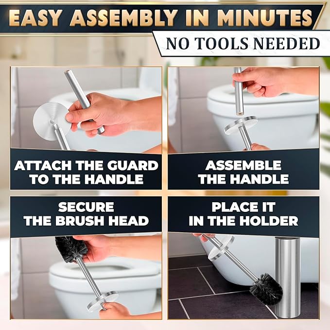 2 Pcs Stylish Stainless Steel Toilet Brush and Holder Set - Silver Toilet Bowl Brush and Holder with Splash Cover, Sturdy Bristles, Corrosion & Scratch Resistant - Elegant Design, Effective Cleaning
