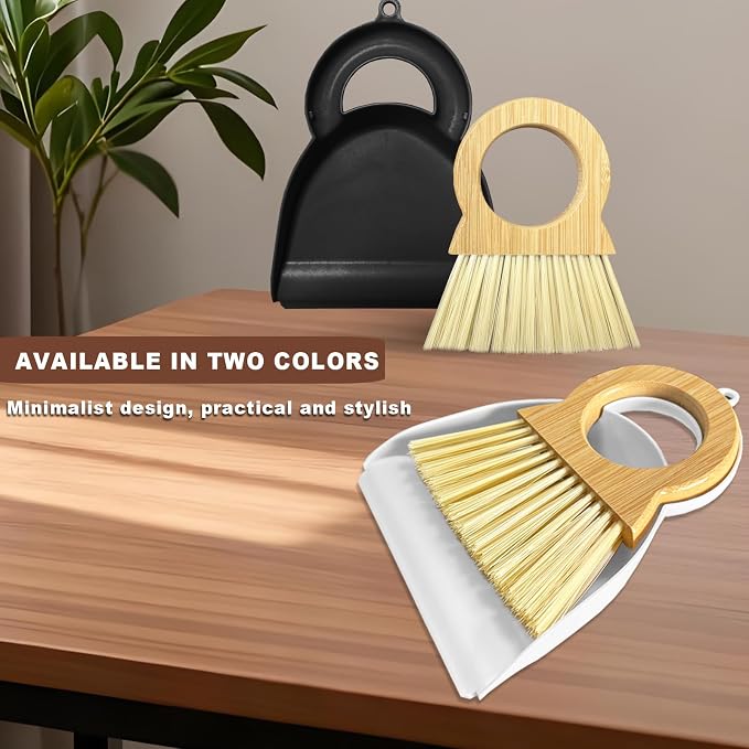 Mini Broom and Dustpan Set - Compact Bamboo Handle Cleaning Kit with Mini Dustpan Brush for Countertops, Tables, Desks - Small Dust Pan and Broom Combo for Tiny Spaces (Black)
