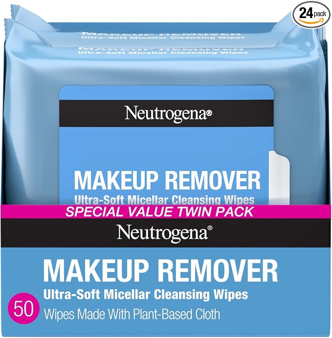 Neutrogena Makeup Remover Micellar Wipes for Face Daily Gently Removes Oil Dirt and Waterproof Makeup in a Simple Fully Plant-Based Cloth, 25 Count (Pack of 24)