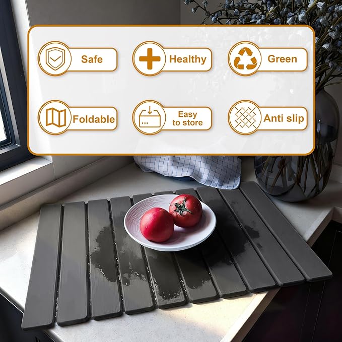 Large Stone Dish Drying Mat for Kitchen Counter, 24"×16" Quick Dry Collapsible Diatomaceous Earth Mat – Super Absorbent Foldable Drying Pad for Dishes (Dark Gray, 23.2" x 15.4")