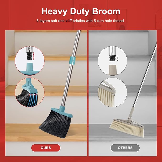 Tiumso Upgrade Broom and Dustpan Set, Broom with Dustpan Combo Sets, Large Brooms and Dust Pan with Handle, Self-Cleaning Dust Pans, Heavy Duty Broom and Dustpans Set for Lobby Kitchen Office - Green
