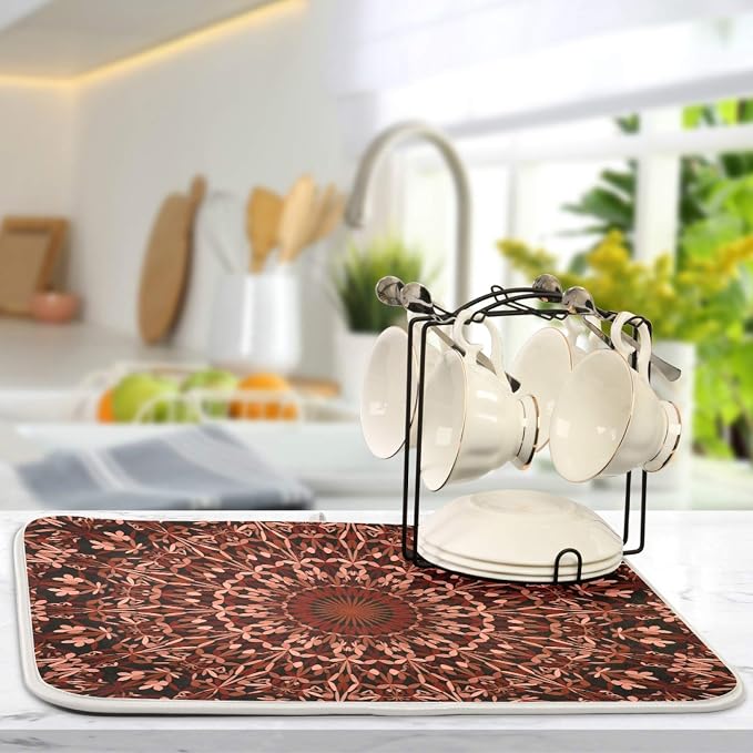 Super Absorbent Dish Drying Mat, Microfiber Fast-Drying Dish Mat, 16" x 18", Kitchen Dish Drying Pad, Mandala Maroon Boho