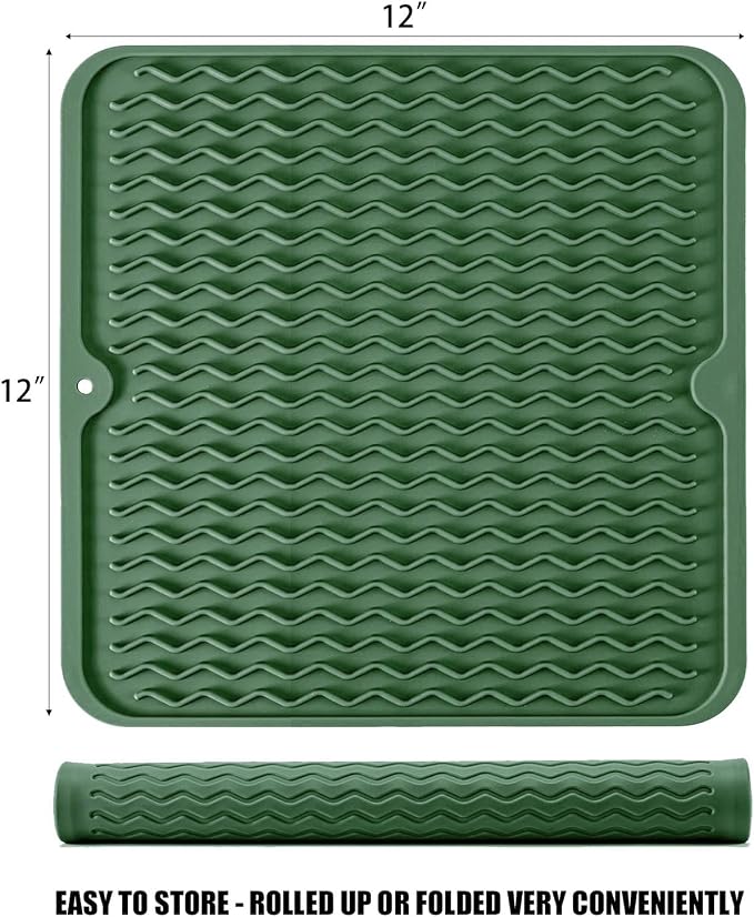 Silicone Dish Drying Mat for Multiple Usage, Easy clean, Eco-friendly, Heat-resistant Dish Drainer Mat for Kitchen Counter,Sink,Refrigerator or Drawer liner (12" x 12", Dark Green)
