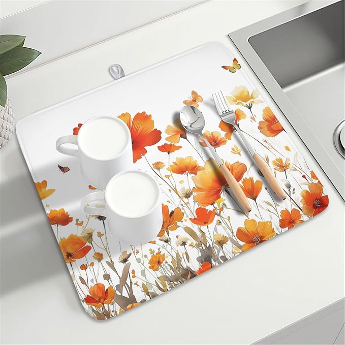 Fall Dish Drying Mat for Kitchen Counter 16 x 18 Inch Autumn Orange Floral Dish Drainer Mat Absorbent Microfiber Thanksgiving Harvest Dish Rack Pad for Coffee Dining Decor
