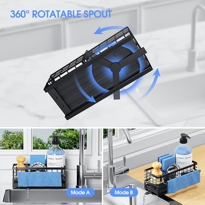 Kitchen Sink Sponge Holder, Rustproof Non-Slip Self-Draining Metal Sink Caddy with Detachable Dish Cloth Holder (Black)