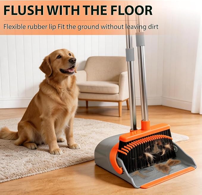 YZO Broom with Dustpan Combo Set, 56.1-Inch Long Handle Standing Design, Dustpan Front Rubber Tight Seal, Broom with 5-Layer Bristles, Suitable for Indoor Outdoor(Gray&Orange)