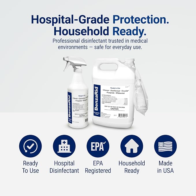 BenzaRid Pro Mold Killer Fungicide Disinfectant including Aspergillus Niger (Black Mold) H5N1 Pack | Multi-Purpose Fungicide, Mildewstat, Disinfectant, Virucide | EPA Reg. 1 Gal + 32 oz.