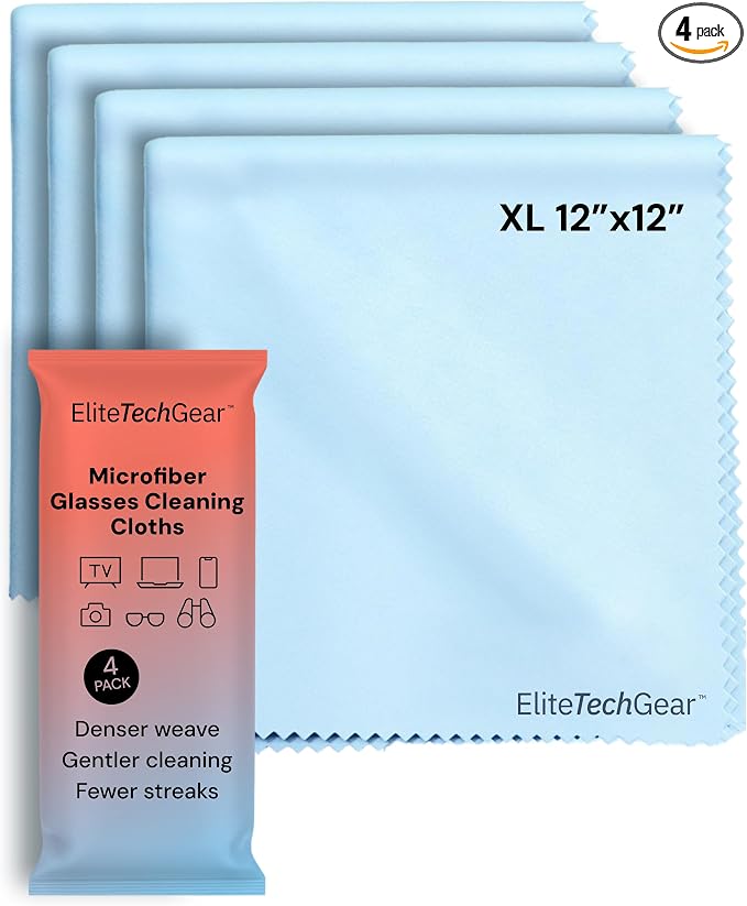 Elite Tech Gear Microfiber Cleaning Cloths for Glasses & Screens, 4-Pack | Blue - Large 12"x12" - Streak-free - Safe for Delicate Lenses - Washable - Clean Glasses, TVs, Phones, DSLR and Coated Lenses