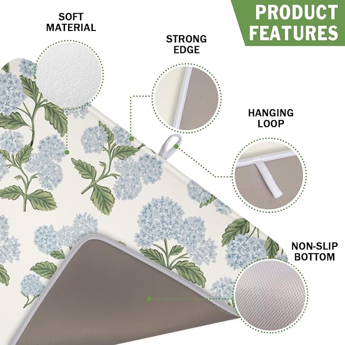 Blue Hydrangea Floral Dish Drying Mat for Kitchen Counter Spring Summer Vintage Flower Microfiber Dish Drainer Mat Rustic Farmhouse Absorbent Washable Drying Pad 16"x18"