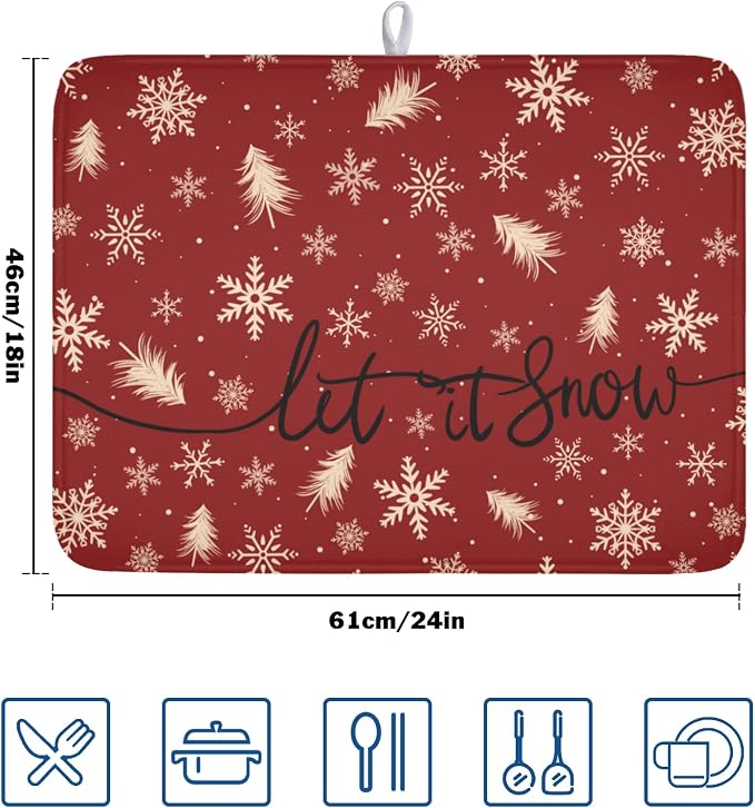 Christmas Snowflake Dish Drying Mat for Kitchen Counter 18x24 Inch | Red Xmas Theme Snowflakes Trees Snowy Dish Drainer Mat Rustic Winter Holiday Absorbent Washable Drying Pad