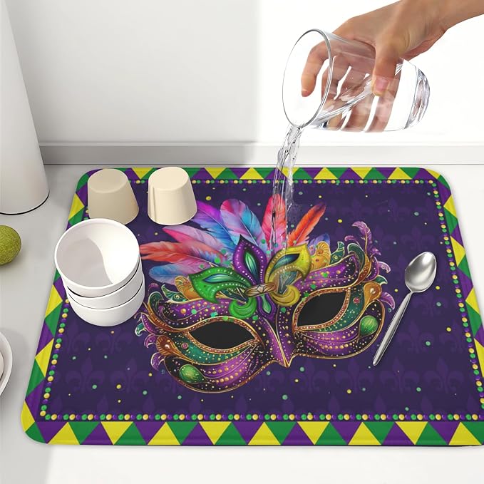 Mardi Gras Dish Drying Mat for Kitchen Counter Masquerade Mask Feather Dishes Drying Mat Microfiber Absorbent Reusable Washable Dishes Drainer Rack Mats 16x18 Inch