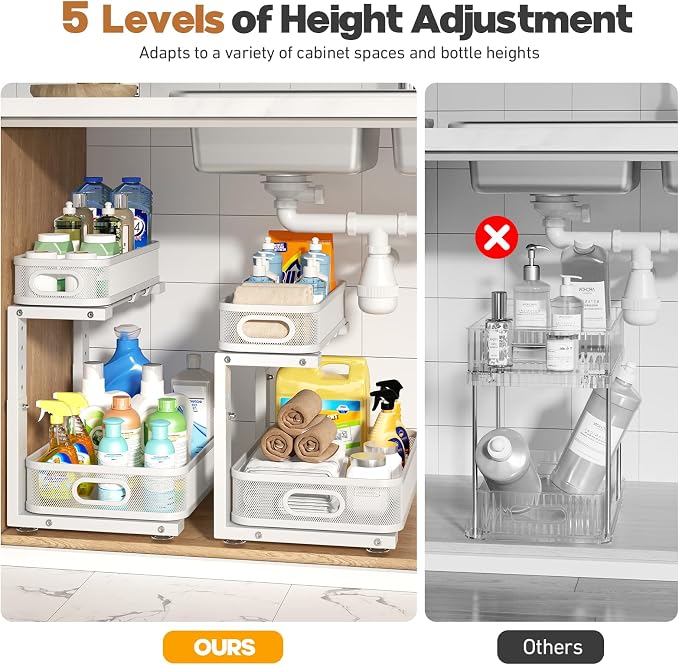 2 Pack Under Sink Organizer With Smooth Cylindrical Rail,2-Tier Pull Out Multi-Purpose Cabinet Storage for Bathroom&Kitchen,Height Adjustable,Rust-resistant Coating-White