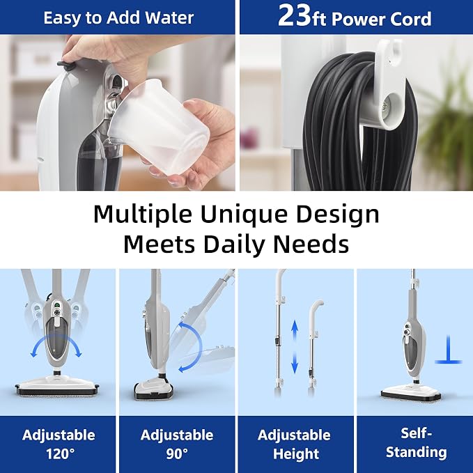 Steam Mop - 10-in-1 MultiPurpose Handheld Steam Cleaner Detachable Floor Steamer for Hardwood/Tile/Laminate Floors Carpet with 11 Accessories for Whole Home Use.