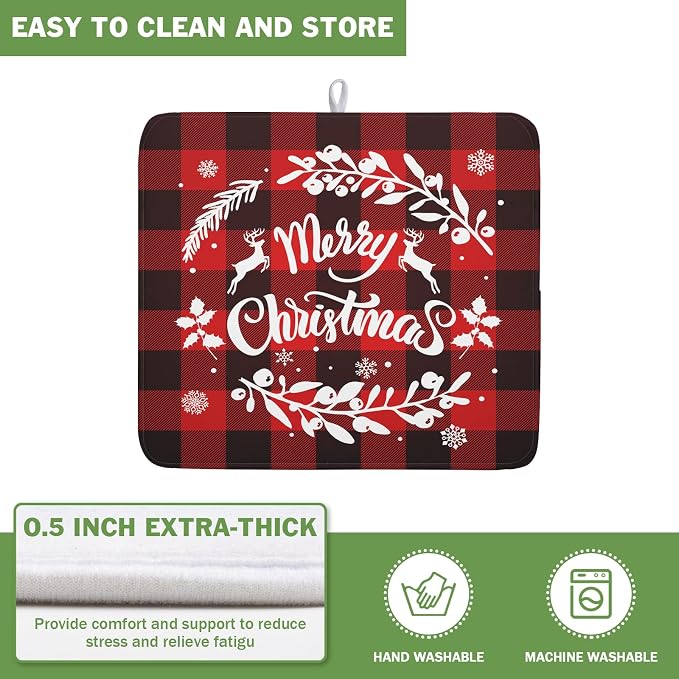 Merry Christmas Dish Drying Mat for Kitchen Counter, Red Buffalo Plaid Kitchen Drying Mat Microfiber Absorbent Dishes Pad Winter Xmas Dish Drainer Rack Mats Fast Dry Kitchen Accessories 16”x18”