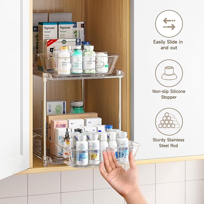 Sevenblue 4-Pack 2-Tier Under Sink Organizer with Pull Out Drawers | Multi-use kitchen & bathroom storage. Includes hanging hooks and cups. transparent, space-saving cabinet design. 11.2 Inch