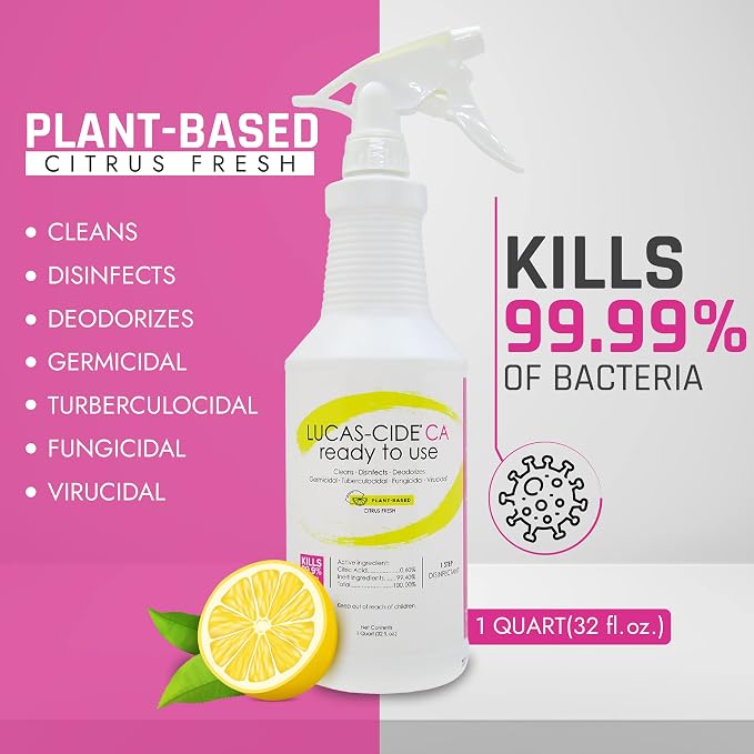 LUCAS-CIDE Ready To Use All Purpose Cleaner - Gentle Disinfectant for Home & Spa Use, Fresh Citrus Scented Disinfecting Spray, Plant-based Bathroom Cleaner, Glass Cleaner, Floor Cleaner - 1 Quart