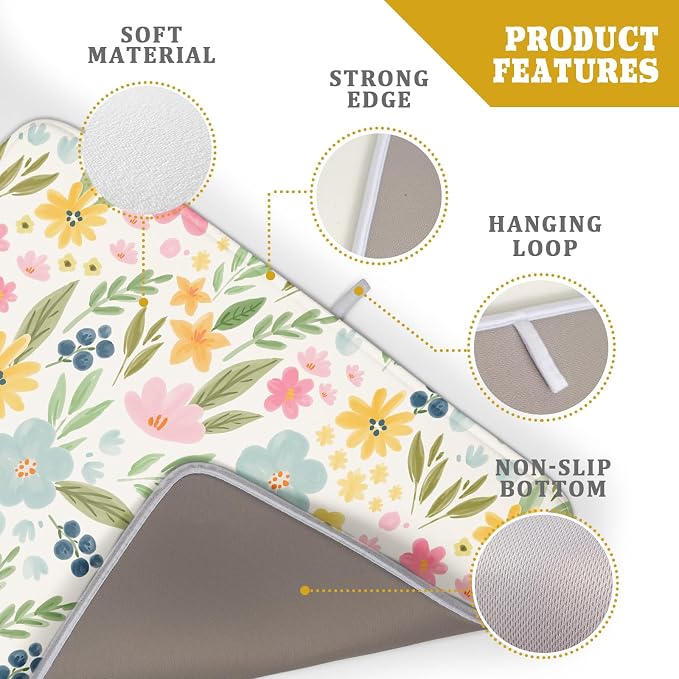 Spring Easter Floral Dish Drying Mat for Kitchen Counter 18x24 Green Pink Yellow Blue Cute Flower Print Absorbent Reversible Microfiber Drying Mats Kitchen Countertop Protector Dishes Drainer Pad