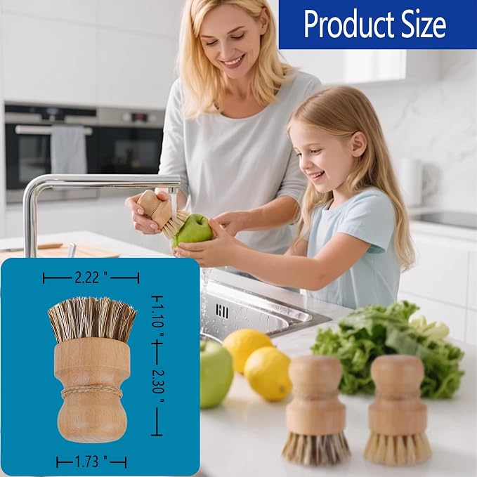 Dish Brush Set, Natural Fiber Kitchen Scrubber with Ergonomic Grip, Wooden Handle, 3 Pack
