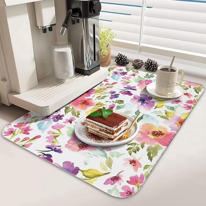 Dish Drying Mat 2-Pack in Watercolor Floral for Kitchen Counter Dishes Mat | Diatom Mud Mats (18x24, 19.5x12"). Non-slip rubber back for kitchen counter, coffee bar & sink scenes