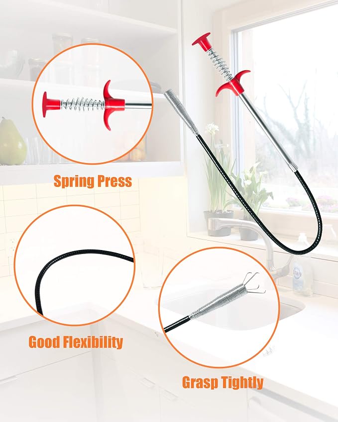 Hair Drain Clog Remover Tool – 6 × 25-Inch Sink Snake + 1 × 24-Inch Drain Cleaner Tool, Plumbing Snake for Shower, Toilet, Kitchen Sink & Tub – 7-Piece Hair Removal Tool Set