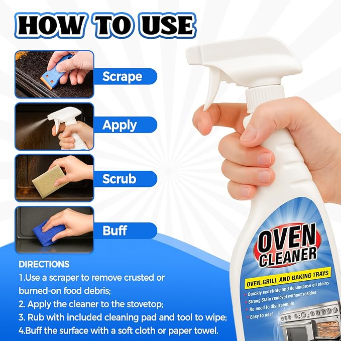 Heavy Duty Stove and Oven Cleaner Kit, Includes Cleaning Tool, Razor, Scraper and 1 Pad to Remove Tough Stains - Use on Gas, Electric, Ceramic Surfaces, 4 Piece (16.9, Fluid Ounces)