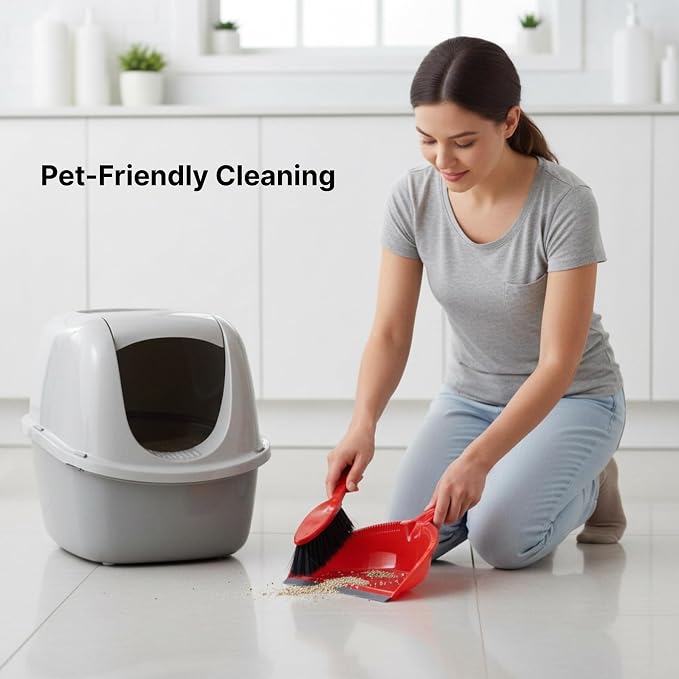 Condor Home Dustpan and Brush Set, Red Plastic Cleaning Tool With Long Handle, Heavy Duty Dust Pan With Soft Bristle Broom, 2-Pack