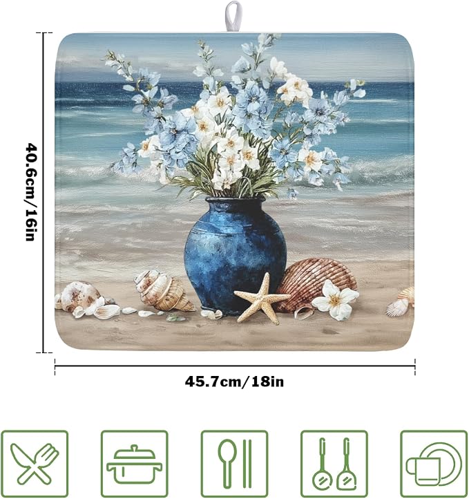 Summer Beach Dish Drying Mat for Kitchen Counter Nautical Coastal Blue Ocean Vase Floral Seashells Microfiber Dish Drainer Mat Absorbent Washable Drying Pad 16"x18"
