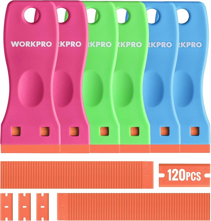 WORKPRO Plastic Razor Blade Scraper Kit, 6 Scrapers with 120 Blades | Safer Plastic Blade Design, Helps Reduce Scratches, Removes Stickers, Labels, Glue & Residue from Glass, Windows & More