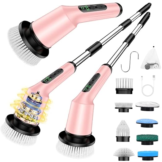 Shower Scrubber with Long Handle, Shower Cleaner Brush with 8 Floor Machine Pads, Cordless Electric Spin Scrubber for Cleaning with 2 Speed, Cleaning Supplies for Bathroom Bathtub Kitchen Floor Toilet