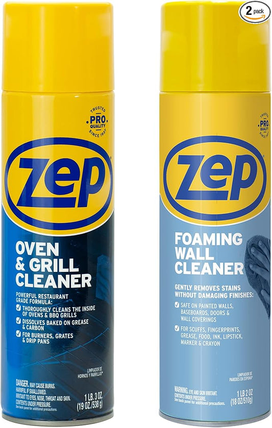 Zep Oven & Grill Cleaner 19oz & Zep Wall Cleaner 18oz - ECBD001 | Heavy-Duty Oven & Grill Cleaner and Foaming Wall Cleaner tackle baked-on grease, wall scuffs, and kitchen messes.