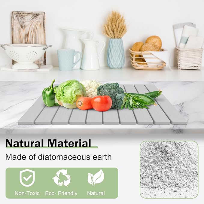Stone Dish Drying Mat for Kitchen Counter,24"(L)×16"(W) Collapsible Fast-Drying Diatomaceous Earth Mats with Towel Sanding Tool,Versatile Stone Drying Mats for Cups Dishes Bottles