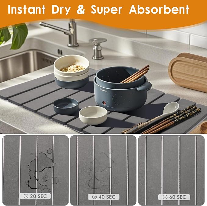 Drying Matt Kitchen Counter， Foldable Stone Quick Dish Drying Mat | Dark Gray, Large Size Stone Drying Mat for Kitchen Counter 23.6"×15.4"Dish Drying Mat